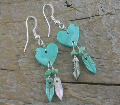 Earrings Native American Heart and Feather Dangles 
